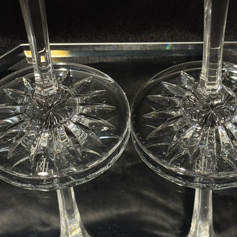 Ralph Lauren Claremont Crystal Candlestick Holders Etched Laurel Band Retired